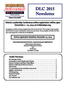 Indiana Association  DLC 2015 Newsletter  District Leadership Conference online registration will be open