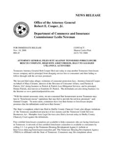 NEWS RELEASE Office of the Attorney General Robert E. Cooper, Jr. Department of Commerce and Insurance Commissioner Leslie Newman