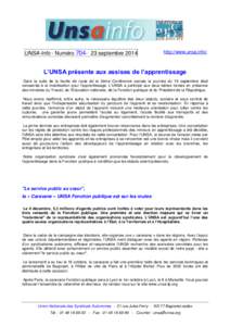 UNSA-Info - Numéro[removed]septembre[removed]http://www.unsa.info/ L’UNSA présente aux assises de l’apprentissage Dans la suite de la feuille de route de la 3ème Conférence sociale la journée du 19 septembre étai