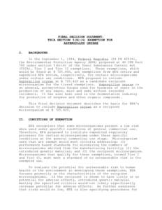 US EPA, FINAL DECISION DOCUMENT: TSCA SECTION 5(H)(4) EXEMPTION FOR ASPERGILLUS ORYZAE