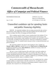 Commonwealth of Massachusetts Office of Campaign and Political Finance FOR IMMEDIATE RELEASE CONTACT: Jason Tait Director of Communications