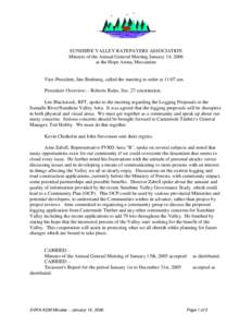 SUNSHINE VALLEY RATEPAYERS ASSOCIATION Minutes of the Annual General Meeting January 14, 2006 at the Hope Arena, Mezzanine Vice-President, Jim Benbaruj, called the meeting to order at 11:07 am. Procedure Overview: - Robe