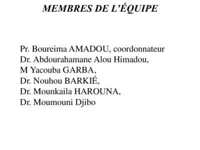 MEMBRES DE L’ÉQUIPE  Pr. Boureima AMADOU, coordonnateur Dr. Abdourahamane Alou Himadou, M Yacouba GARBA, Dr. Nouhou BARKIÉ,