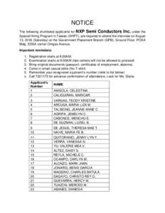 NOTICE The following shortlisted applicants for NXP Semi Conductors Inc. under the Special Hiring Program in Taiwan (SHPT), are required to attend the interview on August 13, 2016 (Saturday) at the Government Placement B