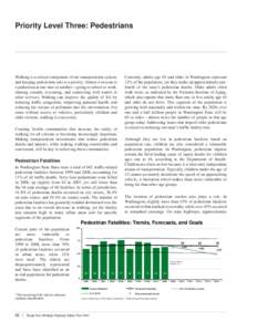 Priority Level Three: Pedestrians  Currently, adults age 65 and older in Washington represent 12% of the population, yet they make up approximately onefourth of the state’s pedestrian deaths. Older adults often walk mo