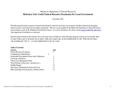 Minnesota Department of Natural Resources  Reference List: Useful Natural Resource Documents for Local Government December[removed]The following list includes numerous documents that should be useful for local units of gov