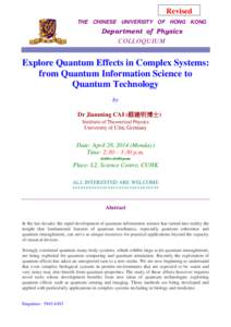 Revised THE CHINESE UNIVERSITY OF HONG KONG Department of Physics COLLOQUIUM