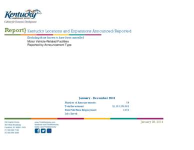 Report} Kentucky Locations and Expansions Announced/Reported Excluding those known to have been cancelled Motor Vehicle-Related Facilities Reported by Announcement Type