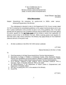 F. No1[removed]Cdn (Vol. II) Government of India Ministry of Social Justice & Empowerment (Deptt. of Social Justice & Empowerment) Shastri Bhawan, New Delhi[removed]