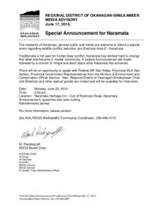 REGIONAL DISTRICT OF OKANAGAN-SIMILKAMEEN MEDIA ADVISORY June 17, 2014, Special Announcement for Naramata The residents of Naramata, general public and media are welcome to attend a special