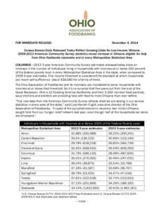 FOR IMMEDIATE RELEASE:  December 4, 2014 Census Bureau Data Released Today Reflect Growing Crisis for Low-Income Ohioans[removed]American Community Survey statistics reveal increase in Ohioans eligible for help