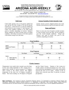 ARIZONA AGRI-WEEKLY Issue AZ-CW1336– For the week ending September 8, [removed]Released September 9, 2013 st 230 North 1 Avenue · Phoenix, AZ[removed][removed] · ([removed]FAX · www.nass.usda.gov/az