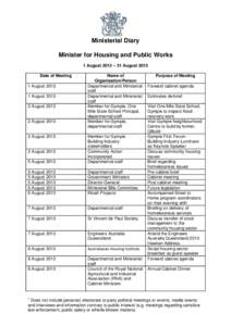 Ministerial Diary Minister for Housing and Public Works 1 August 2013 – 31 August 2013 Date of Meeting 1 August[removed]August 2013