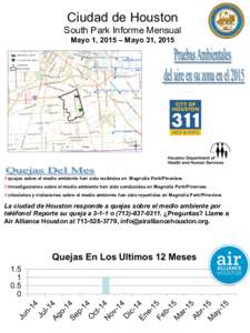 Ciudad de Houston South Park Informe Mensual Mayo 1, 2015 – Mayo 31, quejas sobre el medio ambiente han sido recibidas en Magnolia Park/Pineview. 0 investigaciones sobre el medio ambiente han sido conducidas en 