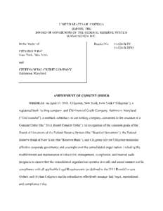 Amendment to the Consent Order: Citigroup Inc., and Citifinancial Credit Company