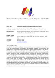 27th Australasian Transport Research Forum, Adelaide, 29 September – 1 October[removed]Paper title: Evaluating voluntary travel behaviour interventions