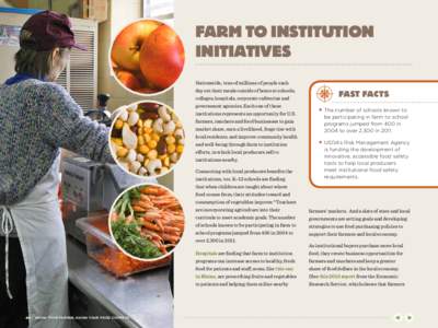 FARM TO INSTITUTION INITIATIVES Nationwide, tens of millions of people each day eat their meals outside of home at schools, colleges, hospitals, corporate cafeterias and government agencies. Each one of these