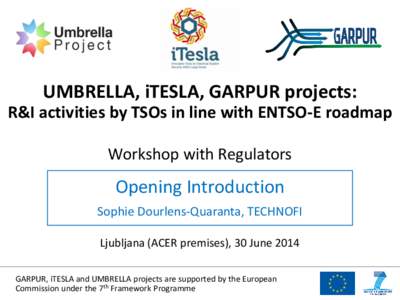 UMBRELLA, iTESLA, GARPUR projects: R&I activities by TSOs in line with ENTSO-E roadmap Workshop with Regulators Opening Introduction Sophie Dourlens-Quaranta, TECHNOFI
