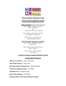 NHCCM AWARDS PRESENTATIONS DOTTIE GROVER LEADERSHIP AWARD Wally Stuart, Pemi-Baker TV-Plymouth BEST OF SHOW: Budget Under $150,000 Best of Show - Education Channel WCTV - Wolfeboro