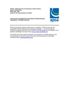 Article: “Battling the Six Evil Geniuses of Essay Writing” Author: Charles King Issue: MarJournal: PS: Political Science & Politics
