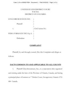 Case 1:15-cvRDM Document 1 FiledPage 1 of 11  UNITED STATES DISTRICT COURT FOR THE DISTRICT OF COLUMBIA GYLCOBIOSCIENCES INC.