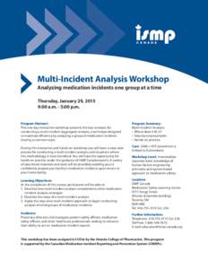 Multi-Incident Analysis Workshop Analyzing medication incidents one group at a time Thursday, January 29, 2015 9:00 a.m. - 5:00 p.m.  Program Abstract: