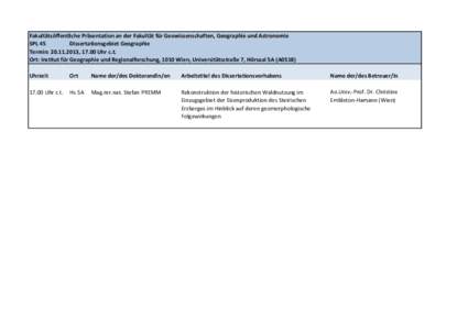 Fakultätsöffentliche Präsentation an der Fakultät für Geowissenschaften, Geographie und Astronomie SPL 45 Dissertationsgebiet Geographie Termin: , 17.00 Uhr c.t. Ort: Institut für Geographie und Regionalf