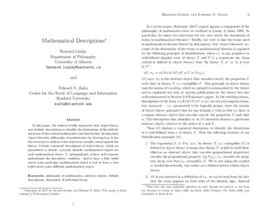 Bernard Linsky and Edward N. Zalta  Mathematical Descriptions∗ Bernard Linsky Department of Philosophy University of Alberta