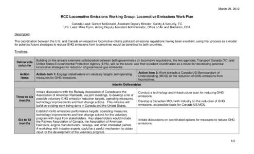 March 29, 2012  RCC Locomotive Emissions Working Group: Locomotive Emissions Work Plan Canada Lead: Gerard McDonald, Assistant Deputy Minister, Safety & Security, TC U.S. Lead: Mike Flynn, Acting Deputy Assistant Adminis