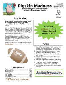 Pigskin Madness Presented by Law Enforcement for Special Olympics South Dakota How to play: Tickets can be purchased for $20 and must