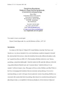Robbins at 75, 10-11 December 2007, LSE  1 Disciplining Boundaries: Robbins’s Essay and the borderlands