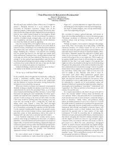 THE POLITICS OF RELIGIOUS PLURALISM* Russell T. McCutcheon Department of Religious Studies University of Alabama  My wife and I once worked as Dons (what in the U.S. might be