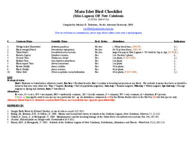 Mato Islet Bird Checklist (Sthn Lagoon) Off New Caledonia02s31e Compiled by Michael K. Tarburton, Pacific Adventist University, PNG. [You are welcome to communicate, just re-type above address into your e-