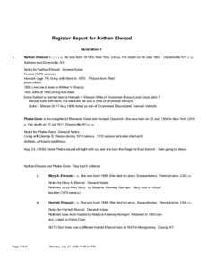 Register Report for Nathan Elwood Generation 1 1. Nathan Elwood-1[1, 2, 3, 4, 5]. He was born 1818 in New York, USA[6]. His death on 06 Dec[removed]Downsville NY)