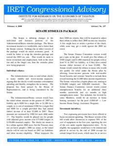 IRET Congressional Advisory INSTITUTE FOR RESEARCH ON THE ECONOMICS OF TAXATION IRET is a non-profit 501(c)(3) economic policy research and educational organization devoted to informing the public about policies that wil