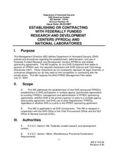 Department of Homeland Security, Directive[removed], Establishing or Contracting with Federally Funded Research and Development Centers and National Laboratories