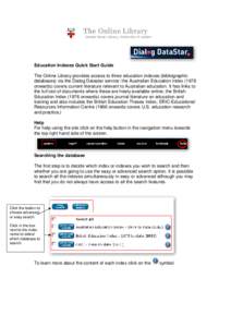 The Online Library Senate House Library, University of London Education Indexes Quick Start Guide The Online Library provides access to three education indexes (bibliographic databases) via the Dialog Datastar service: t