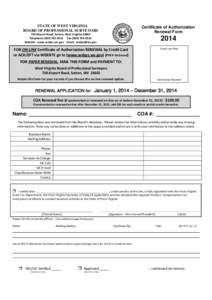 STATE OF WEST VIRGINIA BOARD OF PROFESSIONAL SURVEYORS Certificate of Authorization Renewal Form