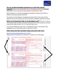 Are you sending bloodspot specimens on cards that recently expired? Please check the expiration date on all bloodspot collection kits BEFORE placing blood on the card! Some cards expired on December 31, 2011. Blood colle