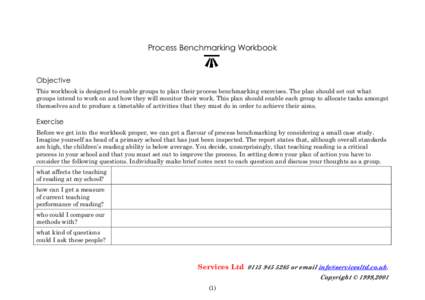 Process Benchmarking Workbook  Objective This workbook is designed to enable groups to plan their process benchmarking exercises. The plan should set out what groups intend to work on and how they will monitor their work