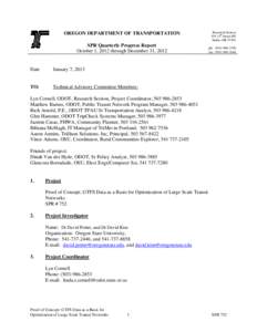 OREGON DEPARTMENT OF TRANSPORTATION SPR Quarterly Progress Report October 1, 2012 through December 31, 2012 Date