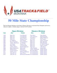 50 Mile State Championship The first Montana Residents in the Open & Masters Divisions are declared State Champions and receive enhanced trophies or finisher plaques with the USATF emblem. Open Division Year