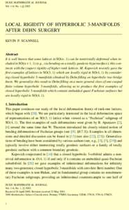 DUKE MATHEMATICAL JOURNAL c 2002 Vol. 114, No. 1, LOCAL RIGIDITY OF HYPERBOLIC 3-MANIFOLDS AFTER DEHN SURGERY