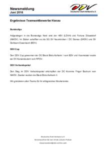 Newsmeldung Juni 2016 Ergebnisse Teamwettbewerbe Hanau Bundesliga Aufgestiegen in die Bundesliga Nord sind der HSV (LDVH) und Fortuna Düsseldorf (NWDV). Im Süden schafften es die SG SV Neunkirchen / DC Stones (SADV) un