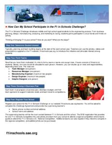 ►How Can My School Participate in the F1 in Schools Challenge? The F1 in Schools Challenge introduces middle and high school aged students to the engineering process. From business planning, design, manufacturing, anal