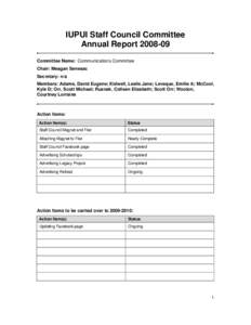 IUPUI Staff Council Committee Annual Report[removed]Committee Name: Communications Committee Chair: Meagan Senesac Secretary: n/a Members: Adams, David Eugene; Kidwell, Leslie Jane; Leveque, Emilie A; McCool,