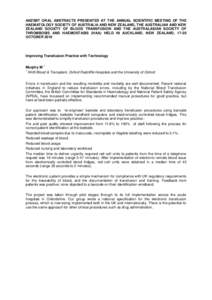 ANZSBT ORAL ABSTRACTS PRESENTED AT THE ANNUAL SCIENTIFIC MEETING OF THE HAEMATOLOGY SOCIETY OF AUSTRALIA AND NEW ZEALAND, THE AUSTRALIAN AND NEW ZEALAND SOCIETY OF BLOOD TRANSFUSION AND THE AUSTRALASIAN SOCIETY OF THROMB