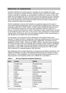 Selection of substances Analytical methods for chemical agents in workplace air are available from many sources. In Europe for example in France, Germany, Spain, and the UK “official” measurement methods for workplac