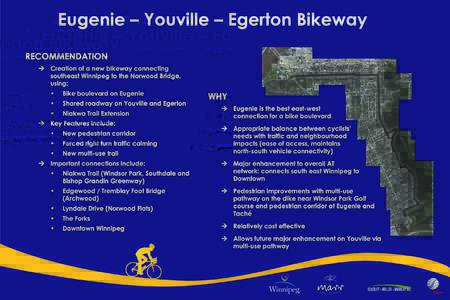 Eugenie – Youville – Egerton Bikeway Recommendation ¼¼ Creation of a new bikeway connecting southeast Winnipeg to the Norwood Bridge, using: •