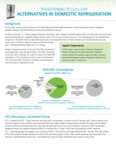 TRANSITIONING TO LOW-GWP  ALTERNATIVES IN DOMESTIC REFRIGERATION Background This fact sheet1 provides current information on low-Global Warming Potential (GWP) alternatives in newly manufactured domestic refrigeration eq